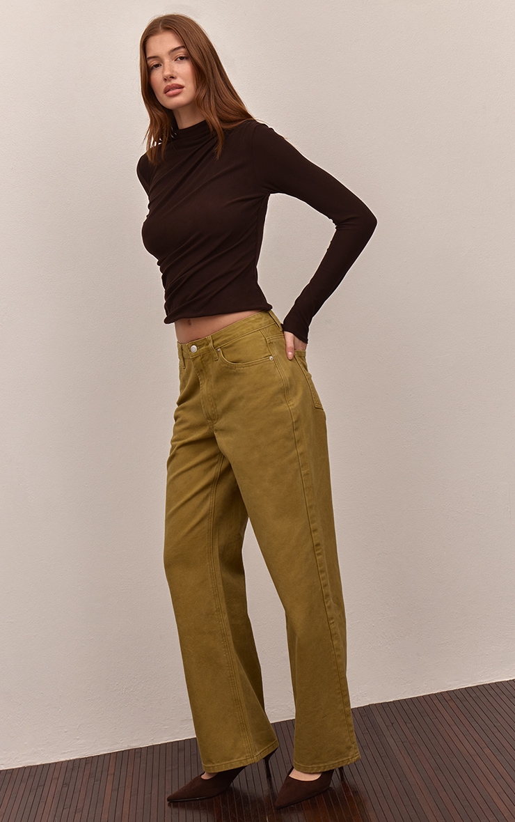 Jean droit olive à taille mi-haute image 2