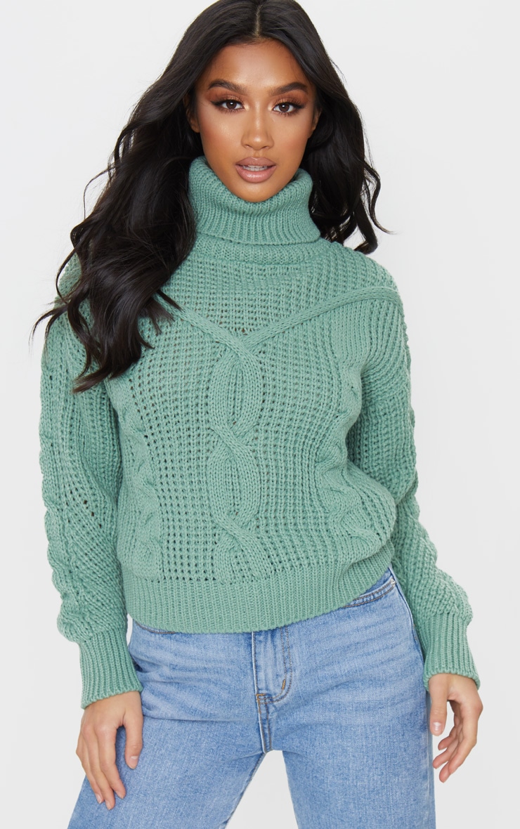 Petite Sage Green Roll Neck Knitted Long Sleeve Jumper