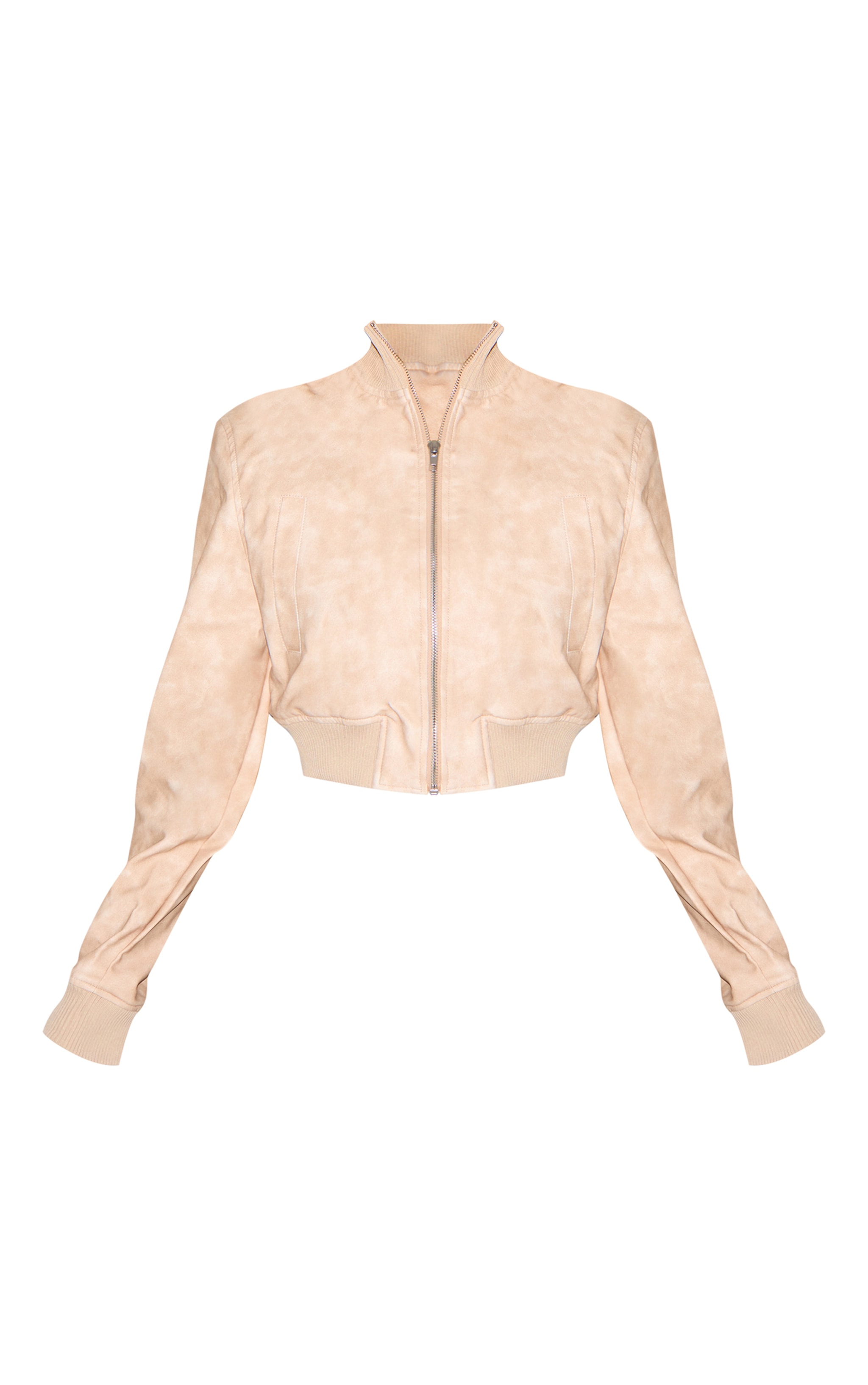 Stone Washed Faux Leather Cropped High Neck Shoulder Padded Bomber Jacket image 5