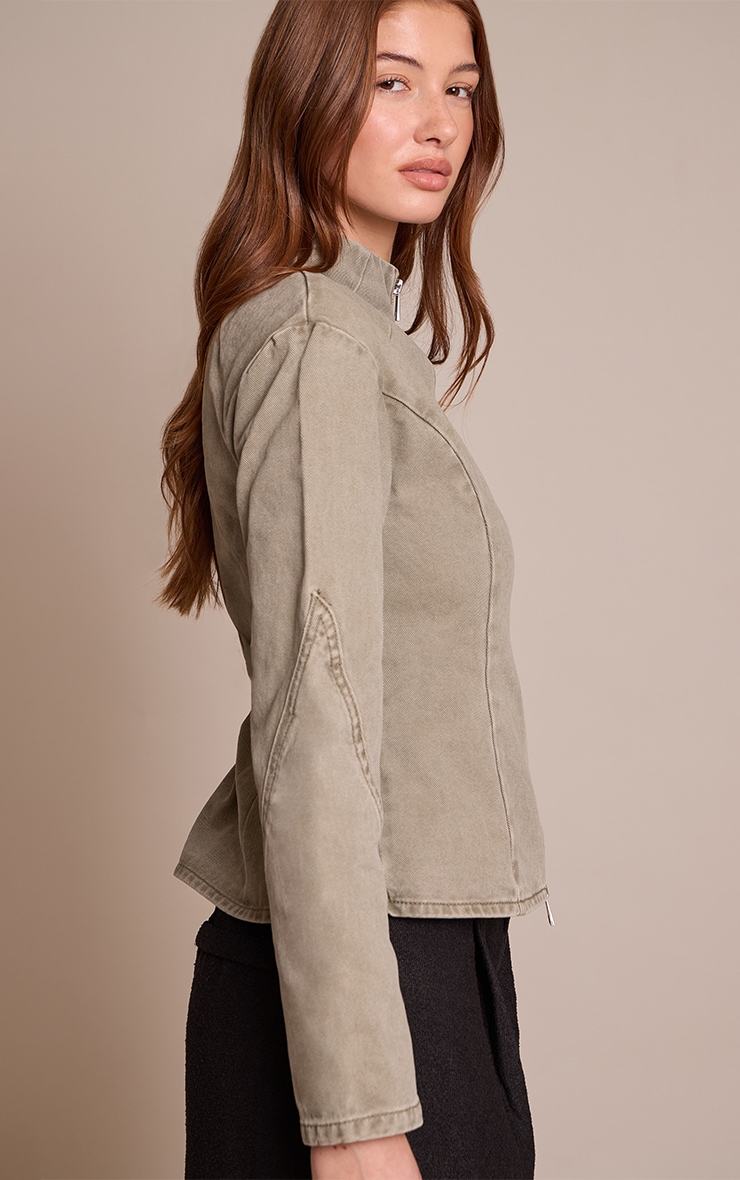 Olive Seam Detail High Neck Fitted Jacket image 4