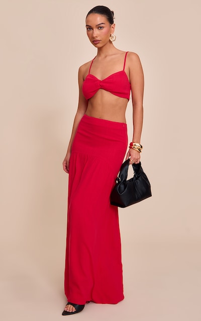 Tomato Red Seam Detail Floaty Linen Maxi Skirt