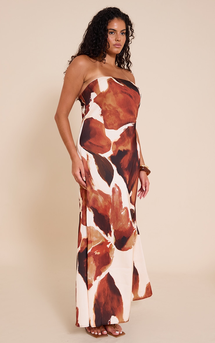 Plus Brown Floral Satin Maxi Dress image 3