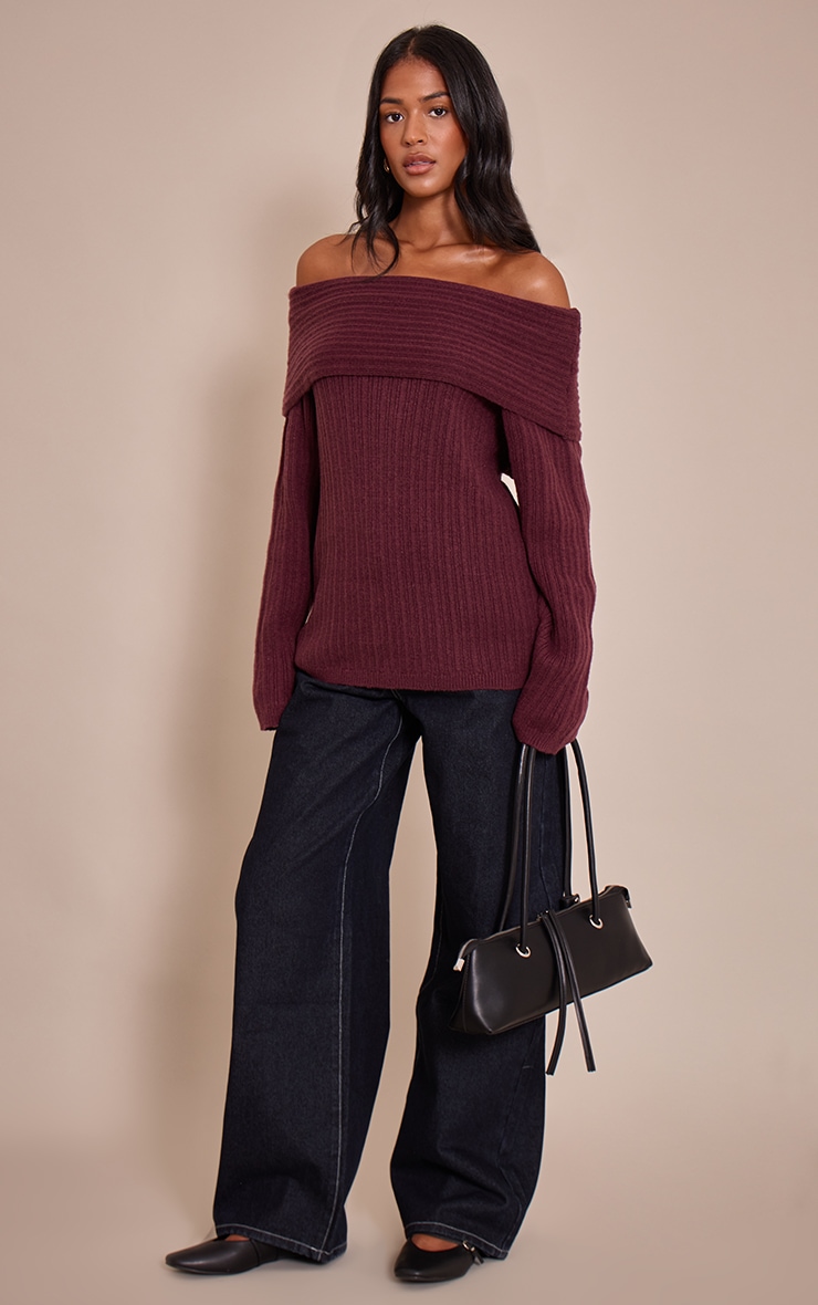 Tall Top en maille tricot bordeaux à épaules dénudées et manches longues image 3