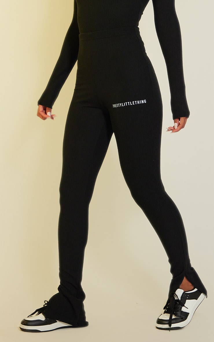 PRETTYLITTLETHING Legging côtelé noir effet froncé à ourlets fendus image 2