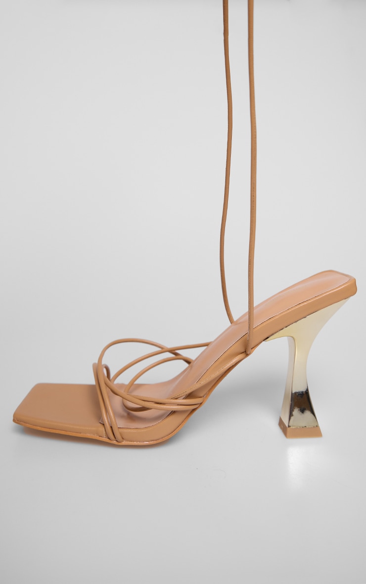 Tan PU Square Toe Strappy Lace Up Heeled Sandals image 3