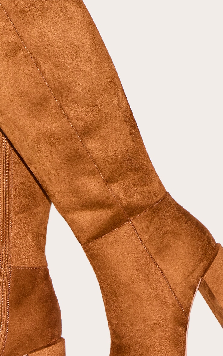 Tan Faux Suede Wide Fit Round Toe Block Heel Knee High Boots image 4