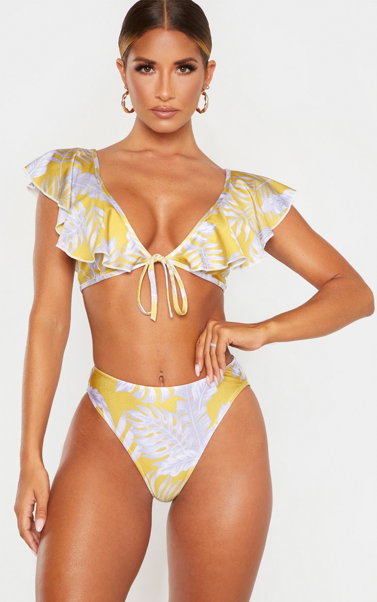Yellow Leaf Print Tie Front Frill Bikini Top