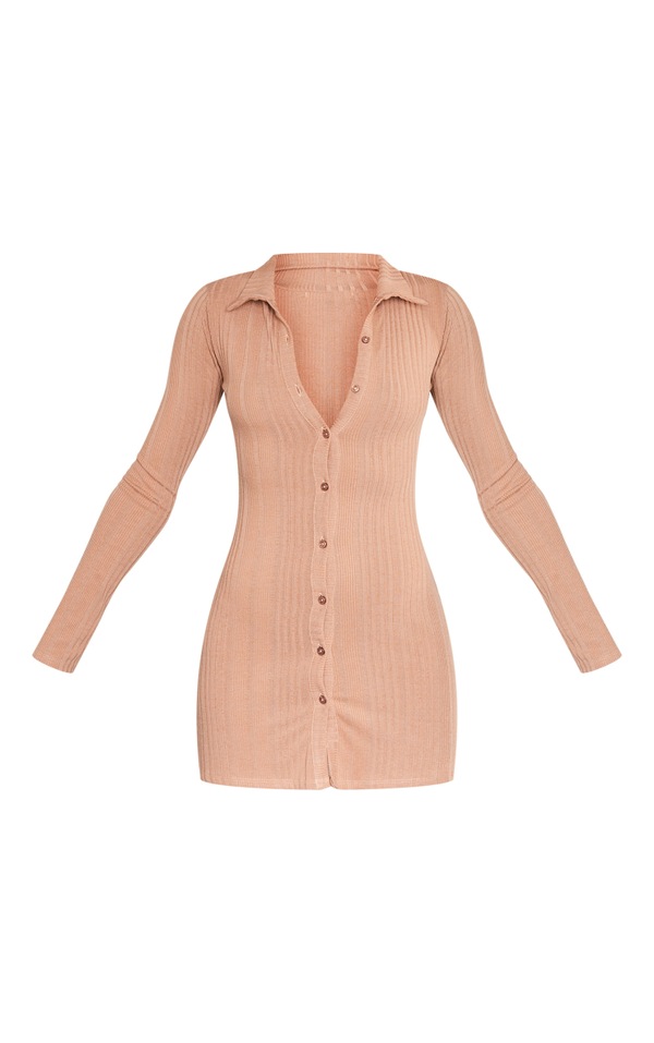 Taupe Ribbed Button Long Sleeve Bodycon Dress PrettyLittleThing USA