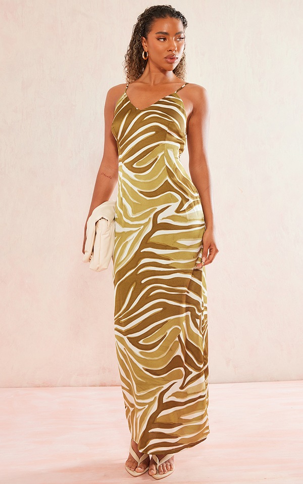 Green Zebra Print Satin Maxi Beach Dress PrettyLittleThing