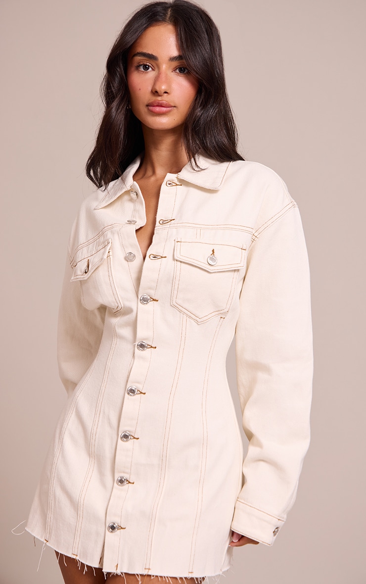 Petite Mini robe ajustée en jean écru à manches longues image 1
