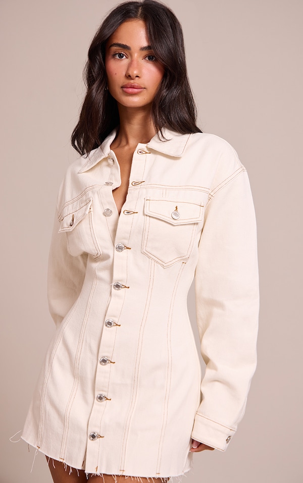 Petite Ecru Denim Long Sleeve Fitted Mini Dress