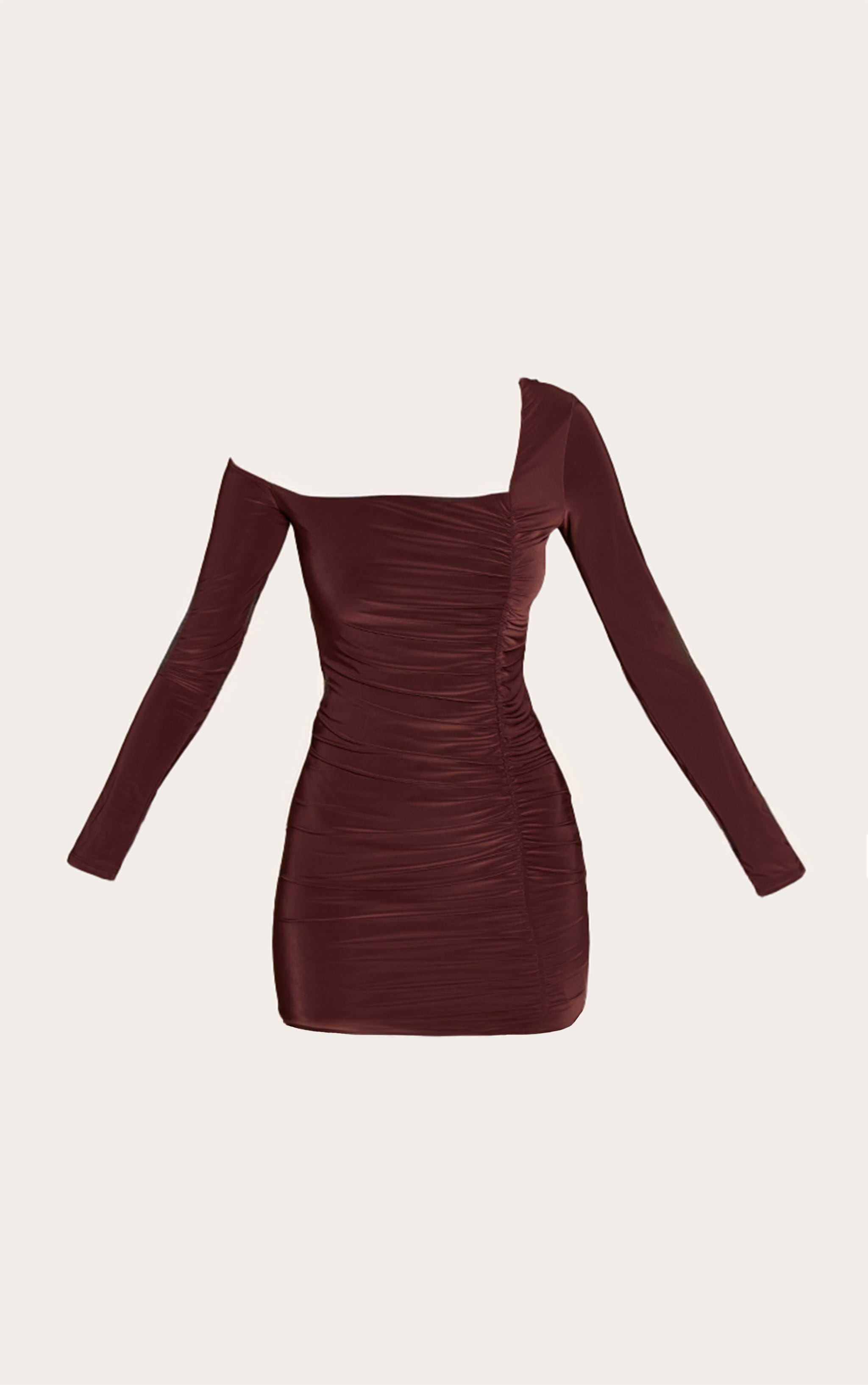 Chocolate Double Layer Slinky Asymmetric Ruched Long Sleeve Dress image 5