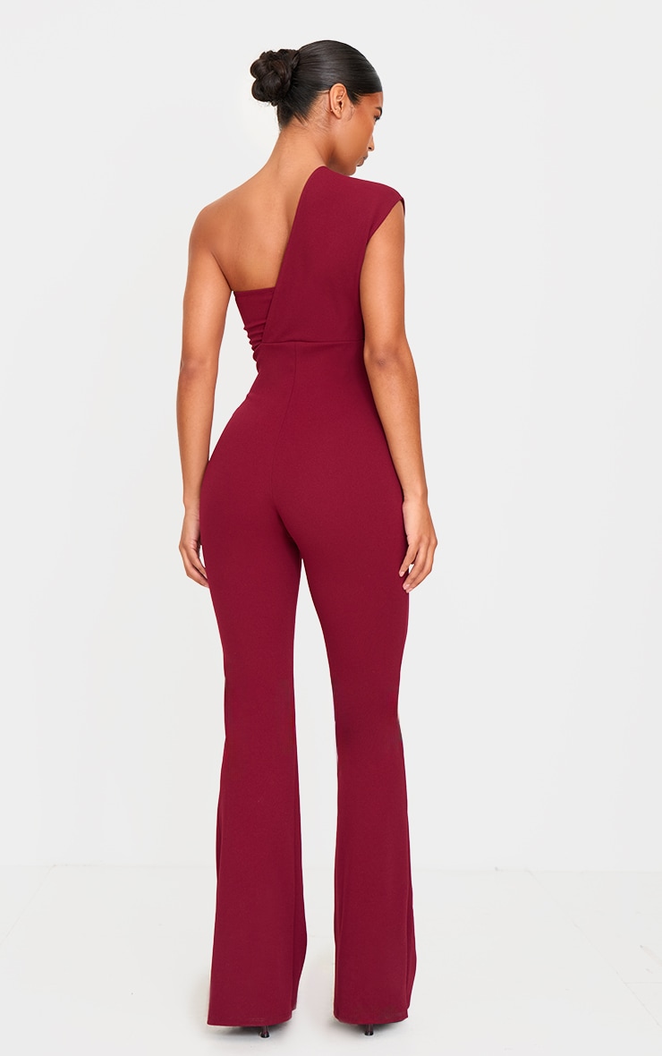 Burgundy One Shoulder Drape Detailed Jumpsuit image 2