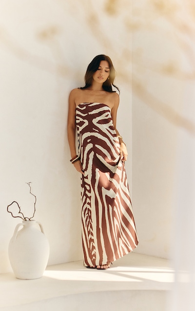 Robe bustier longue tissée marron clair imprimé zèbre abstrait