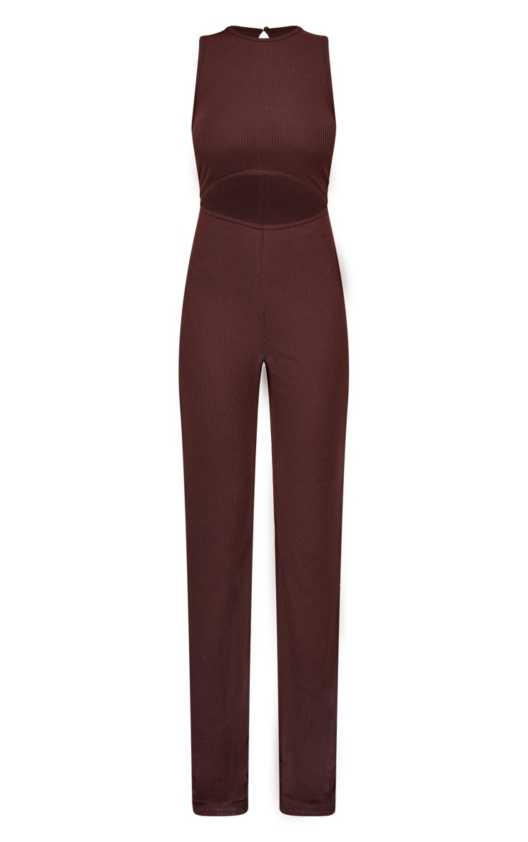 Chocolate Ribbed Racer Cut Out Waist Jumpsuit image 5