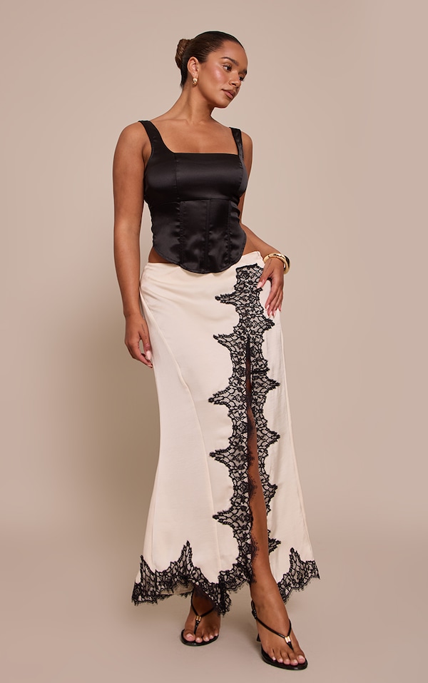 Shape Cream Satin Lace Mix Split Midi Skirt