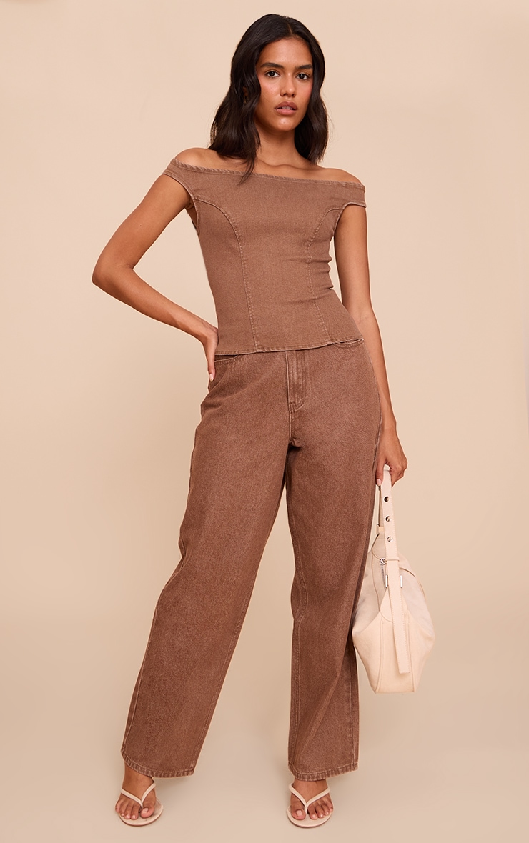 Brown Off The Shoulder Stretch Denim Top image 3