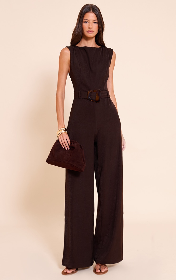 Chocolate Woven Boat Neck Straight Leg Jumpsuit image 3