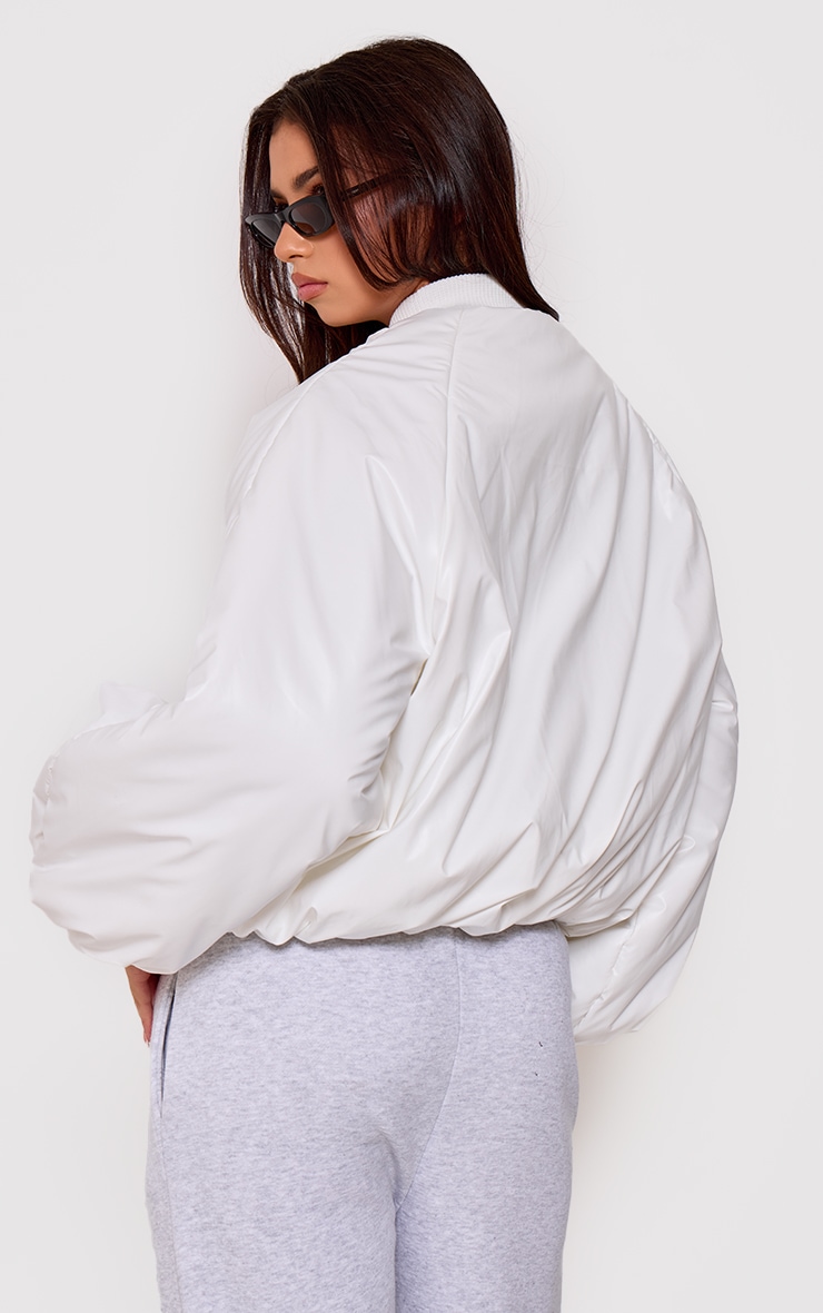 White Oversized Bomber Puffer Jacket image 2