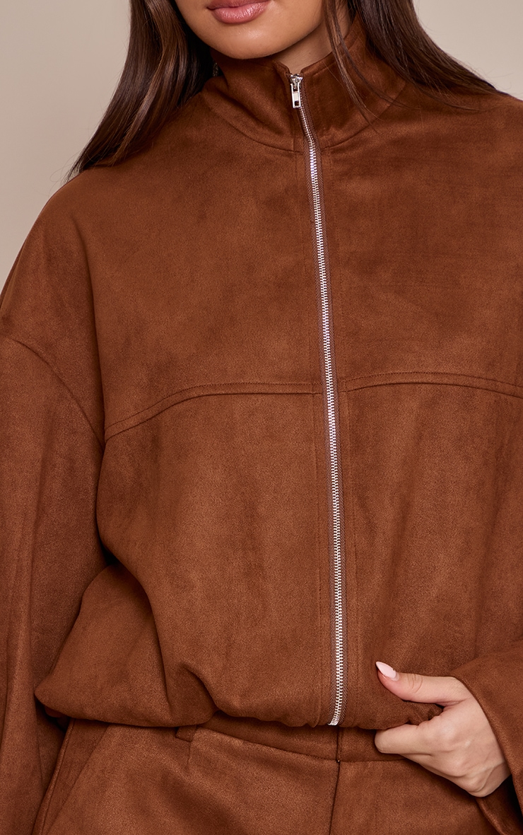 Tan Faux Suede Funnel Neck Zip Up Jacket image 4
