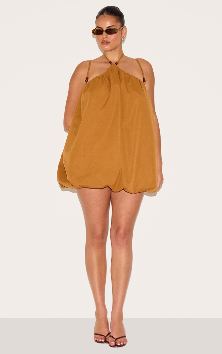 Plus Dark Ochre Halterneck Bead Detail Puffball Dress image 3