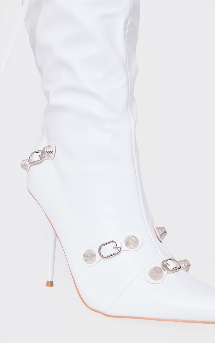 White Pu Zip Detail Point Toe High Heeled Knee Boots image 4