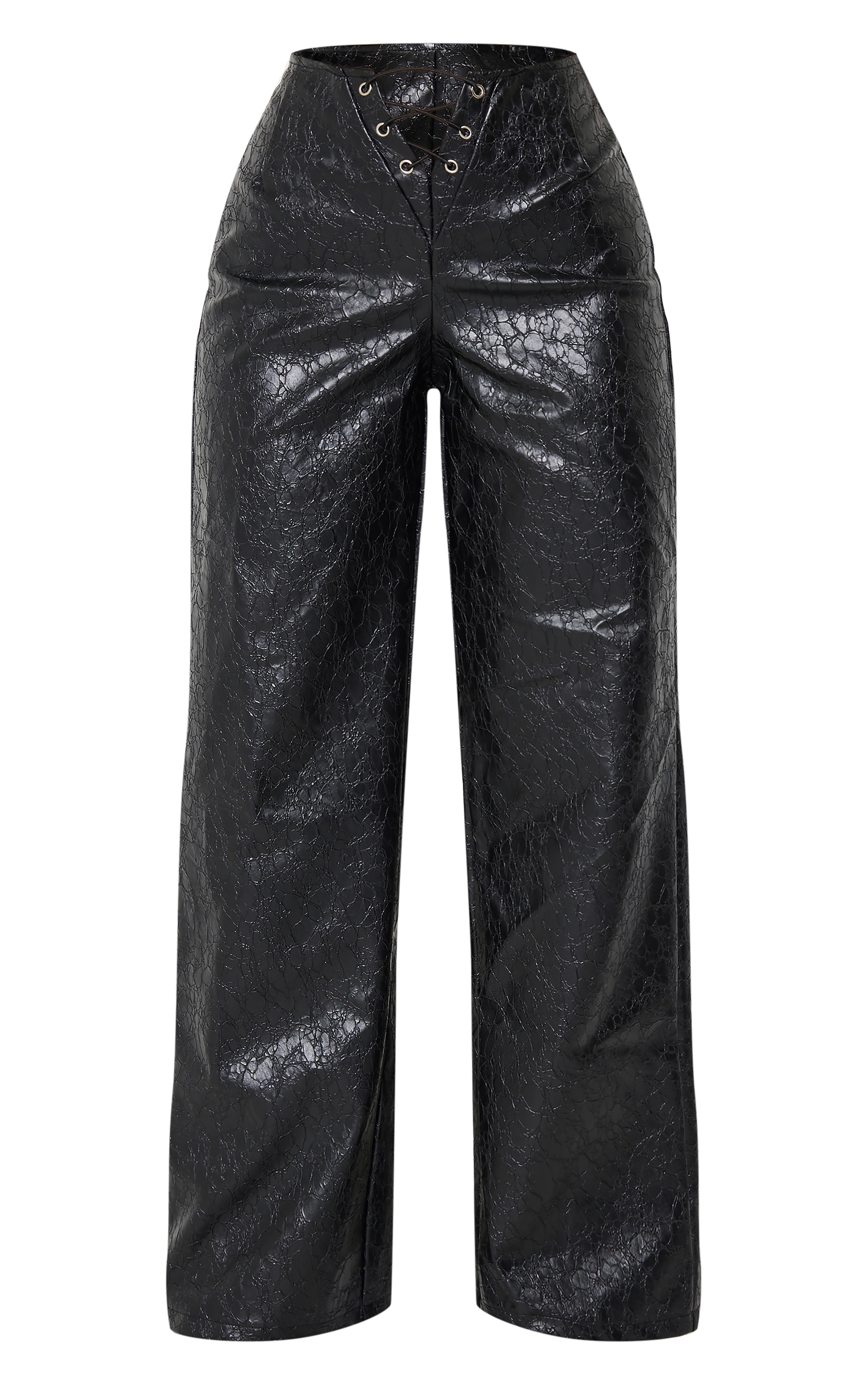 Petite Black Faux Leather Cracked Effect Lace Up Wide Leg Pants image 5