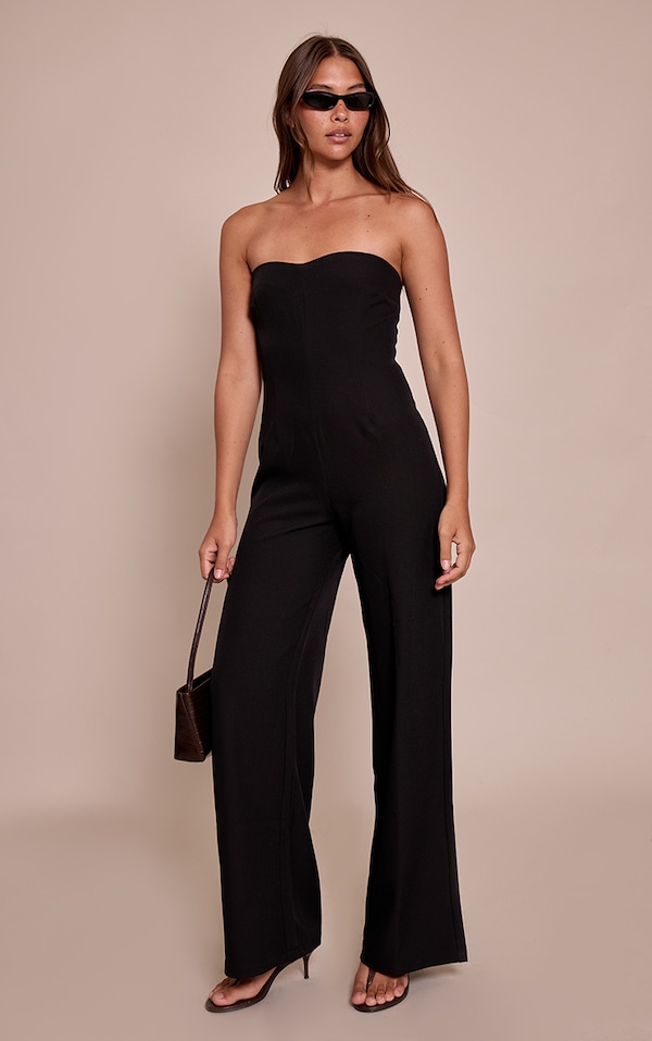 Black Woven Sweet Heart Neck Wide Leg Jumpsuit