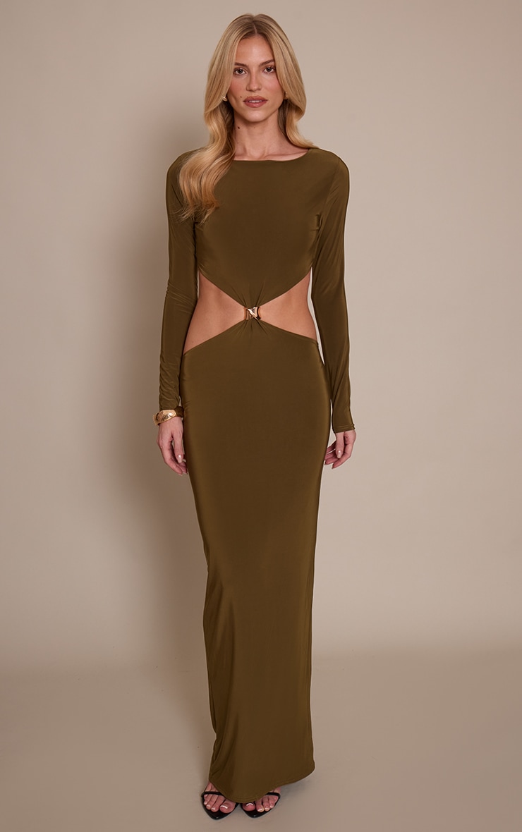 Khaki Double Layer Slinky Long Sleeve Trim Detail Maxi Dress image 1