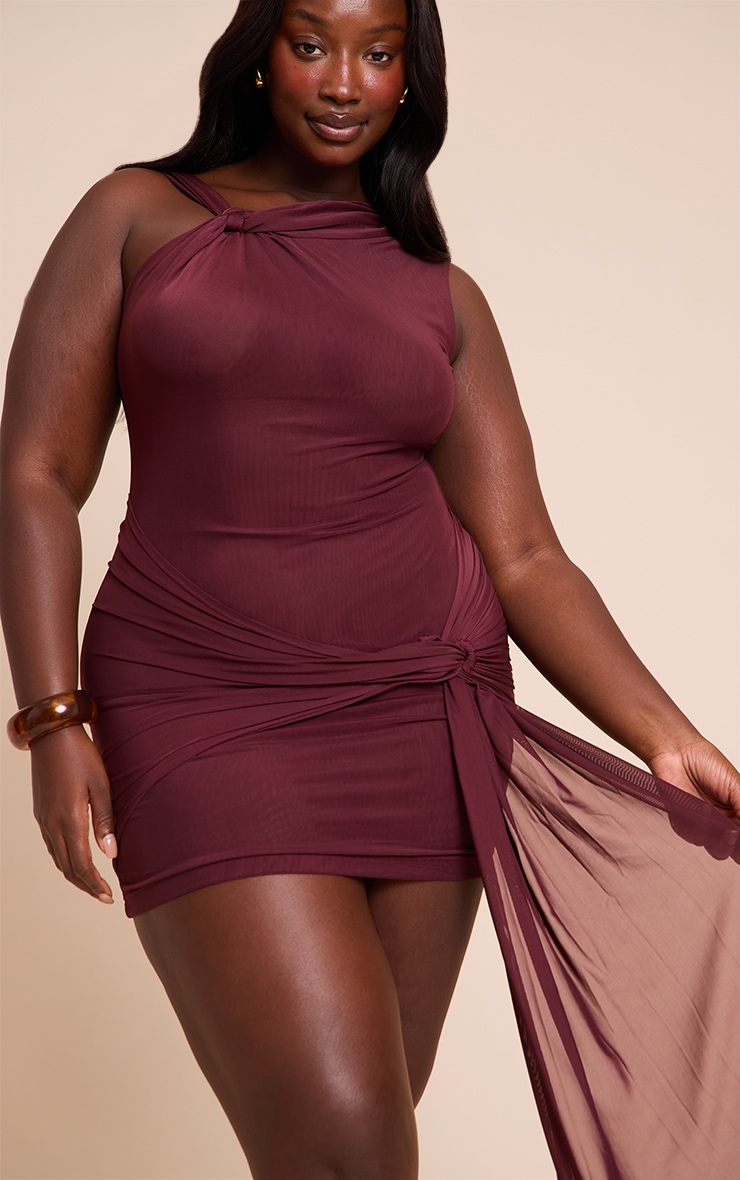 Plus Deep Red Double Layer Mesh Twist Mini Dress | Plus Size