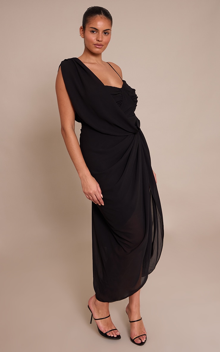 Plus Robe mi-longue en mousseline de soie noire à partie superposée image 3