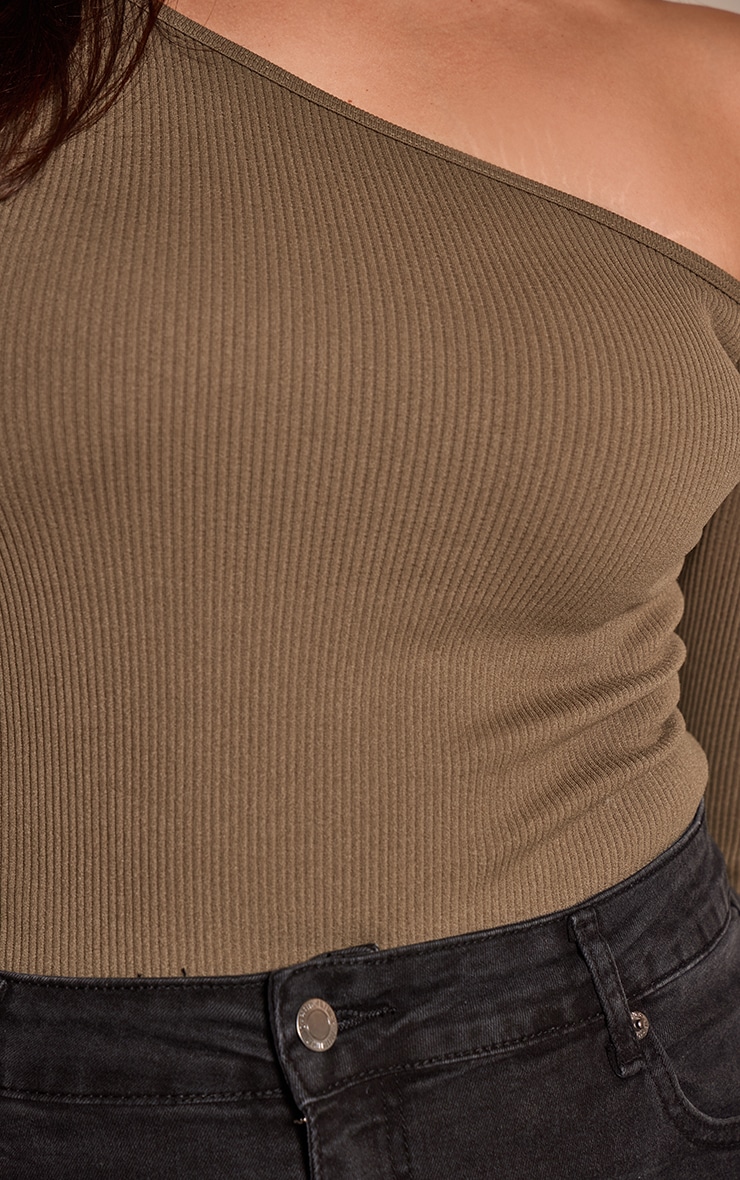 Plus Olive Snatched Rib Asymmetric Long Sleeve Bodysuit image 4