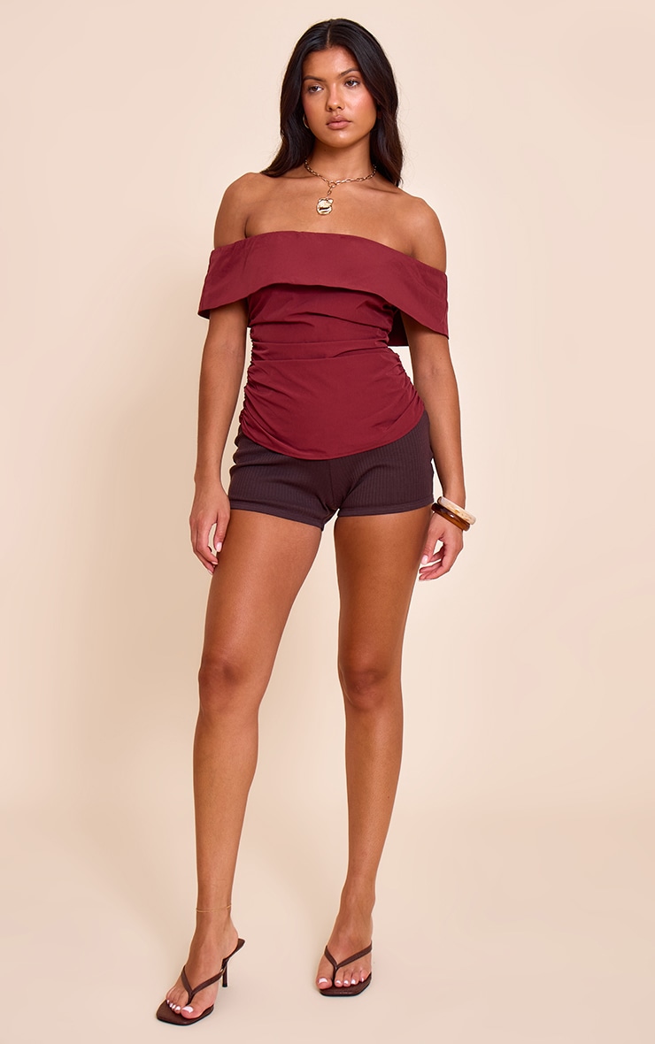 Deep Red Woven Bardot Ruched Side Long Top image 3
