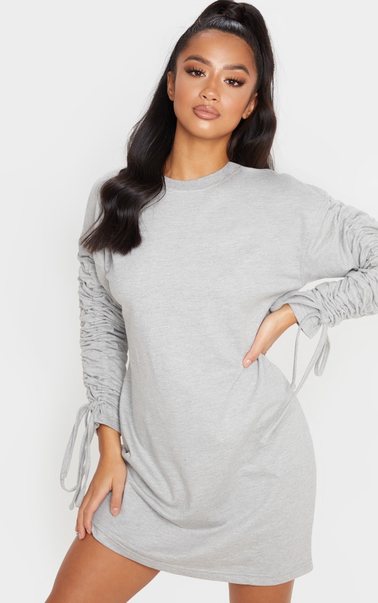 Petite Grey Marl Ruched Sleeve Sweater Dress