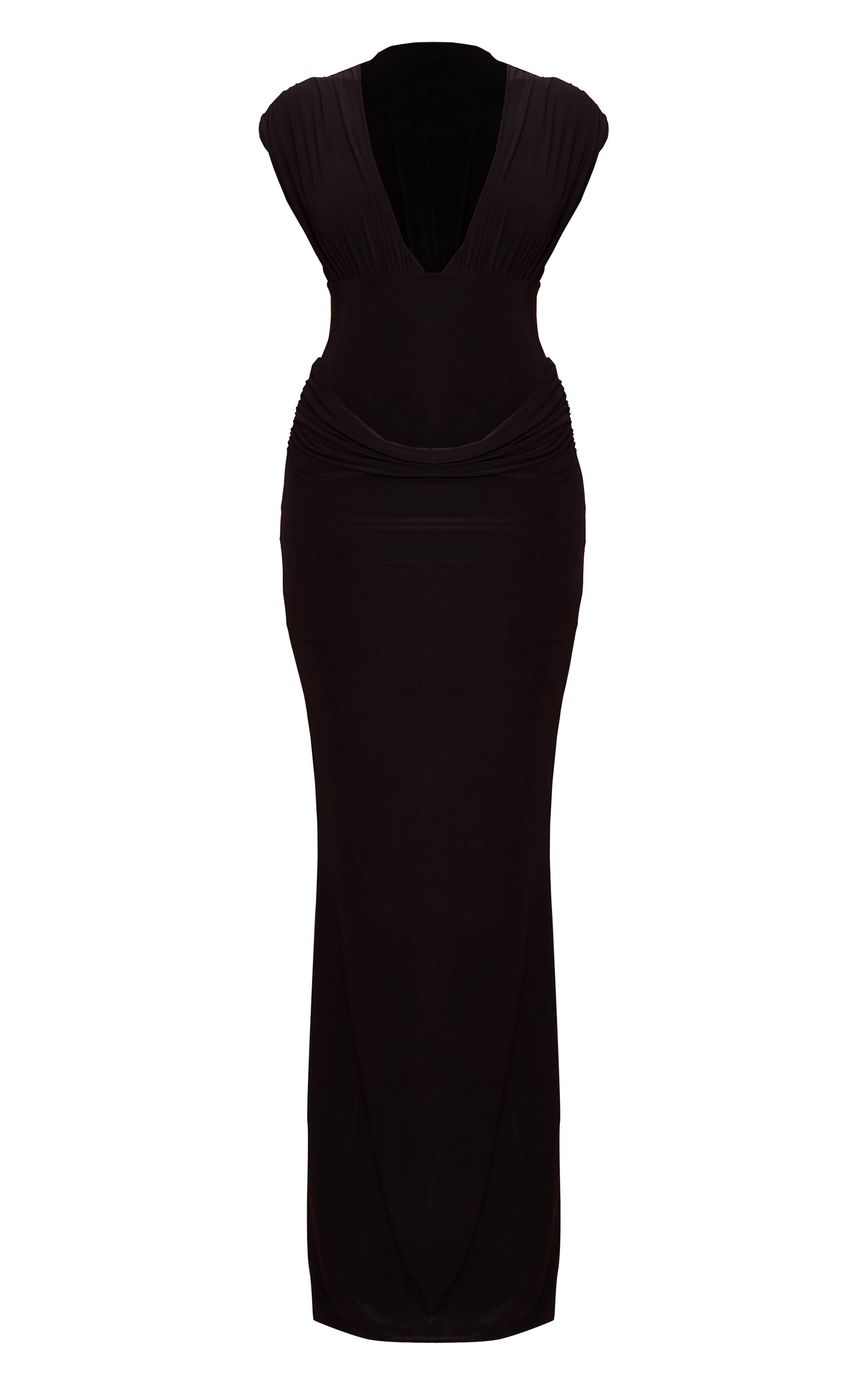 Black Double Layer Plunge Ruched Shoulder Drape Waist Maxi Dress image 5