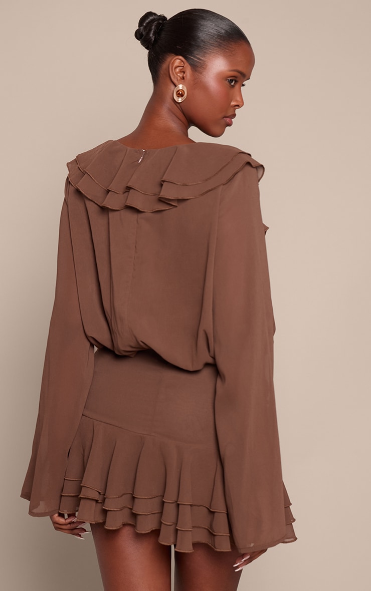 Chocolate Chiffon Long Sleeve Frill Mini Dress image 2