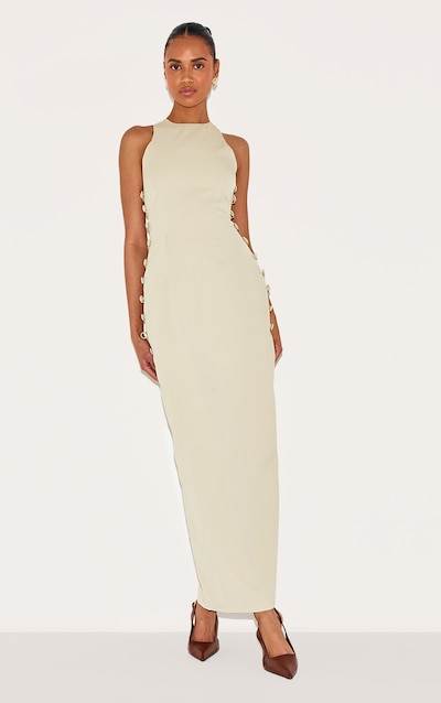 Robe longue tissée sauge à col nageur et boutons