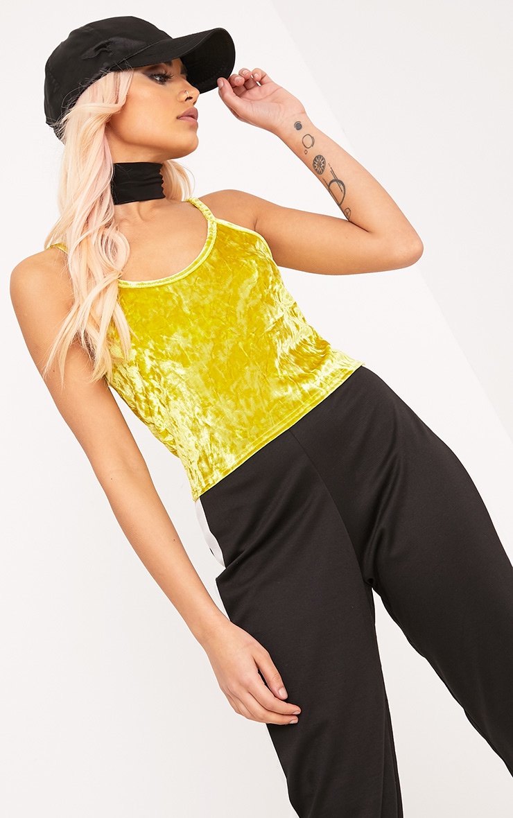 Kathleen Yellow Crushed Velvet Cami Crop Top Tops PrettyLittleThing