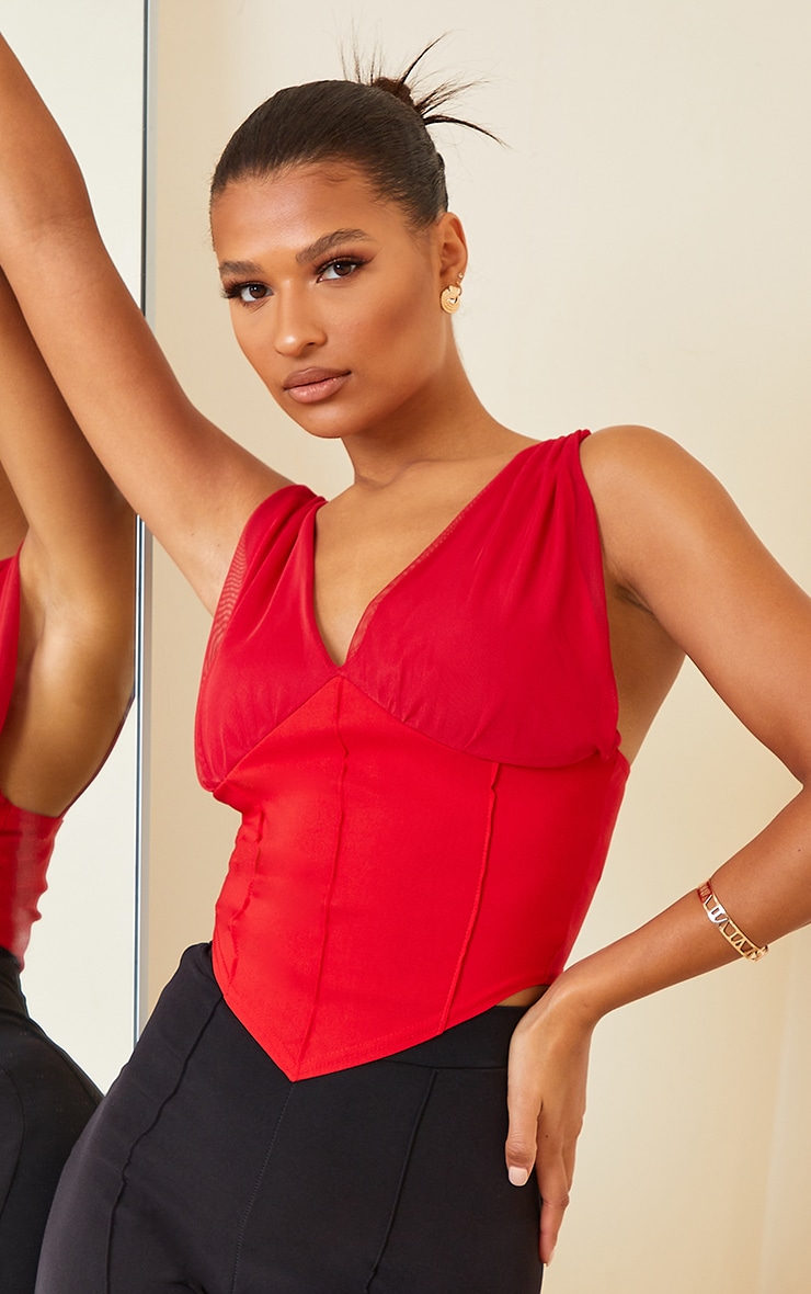 Red Bengaline Chiffon Strap Corset Detail Long Top