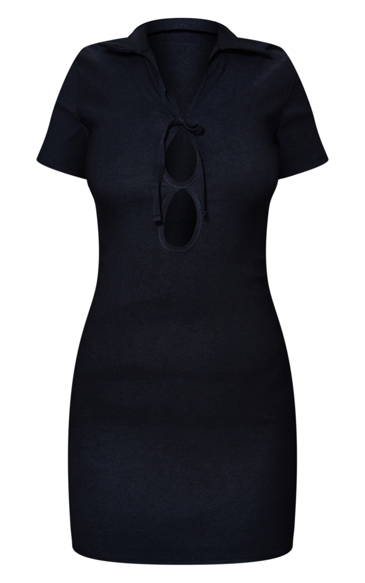 Black Stretch Woven Keyhole Tie Short Sleeve Bodycon Dress image 5
