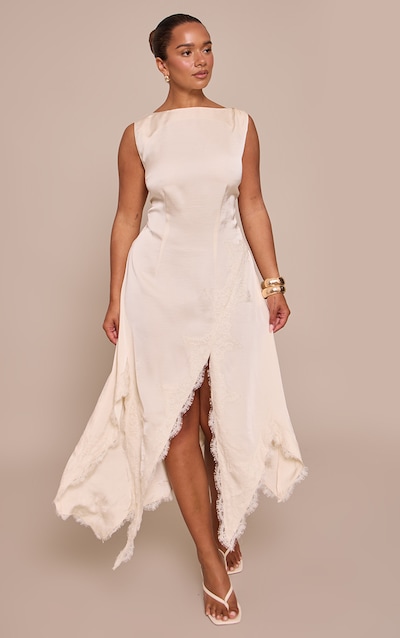 Shape Cream Satin Lace Mix Slash Neck Midi Dress