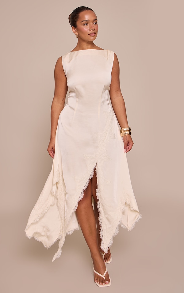 Shape Cream Satin Lace Mix Slash Neck Midi Dress
