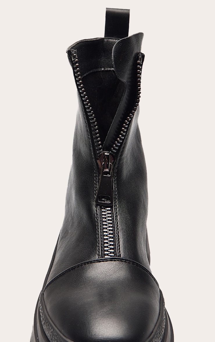 Black Faux Leather Zip Front Chunky Chelsea Boots image 5