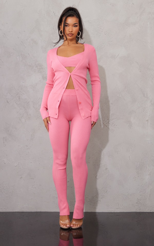 Pink Ribbed Sleeveless Dress Cardigan Set