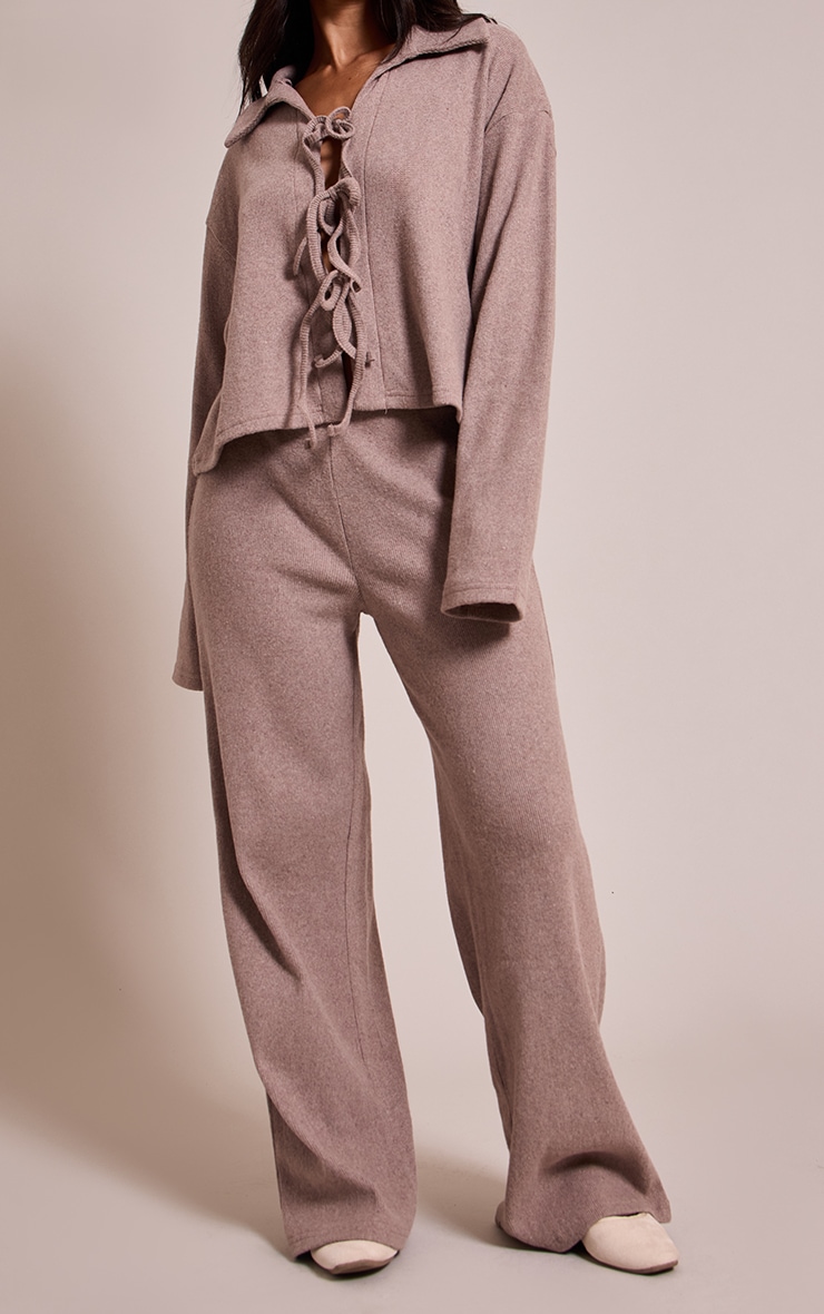 Petite Taupe Brushed Elasticated Waist Wide Leg Pants image 2