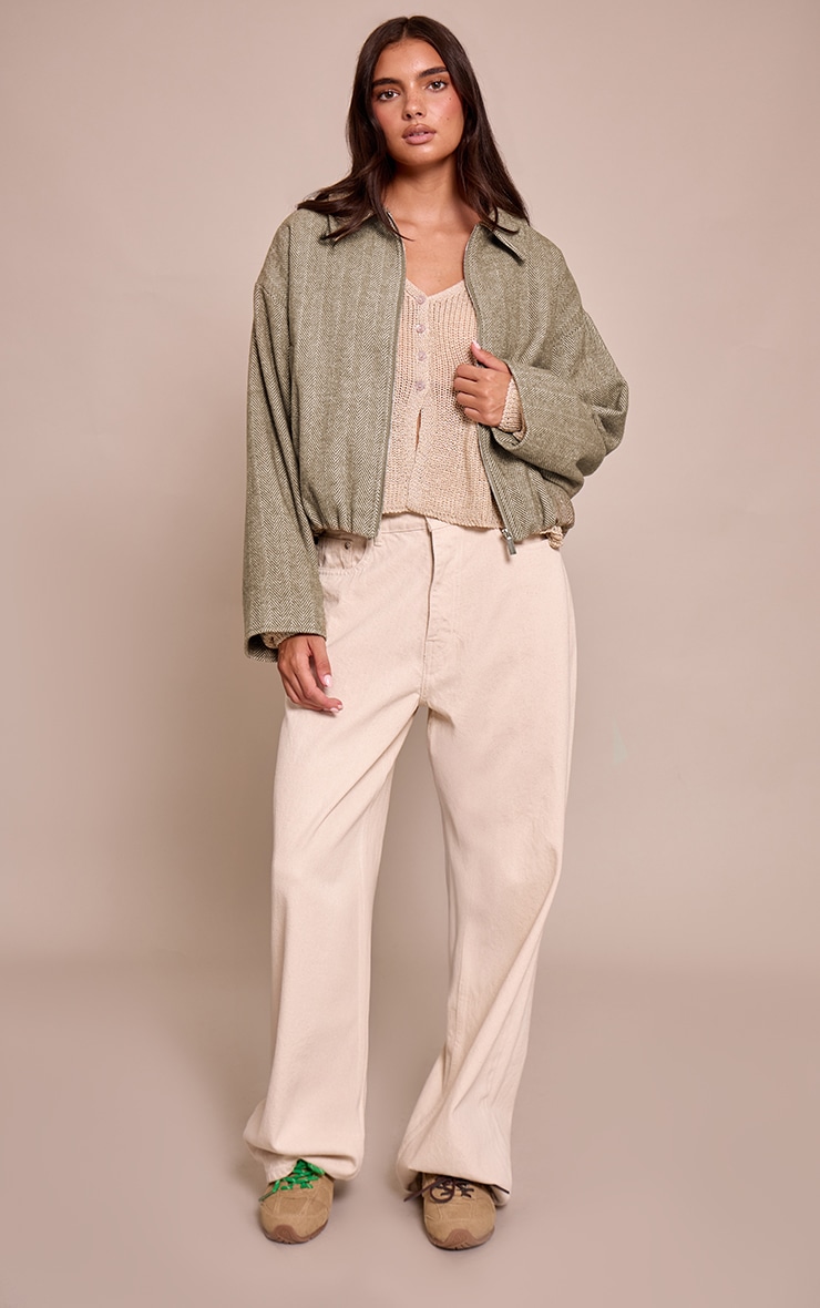 Olive Herringbone Bomber Jacket image 3