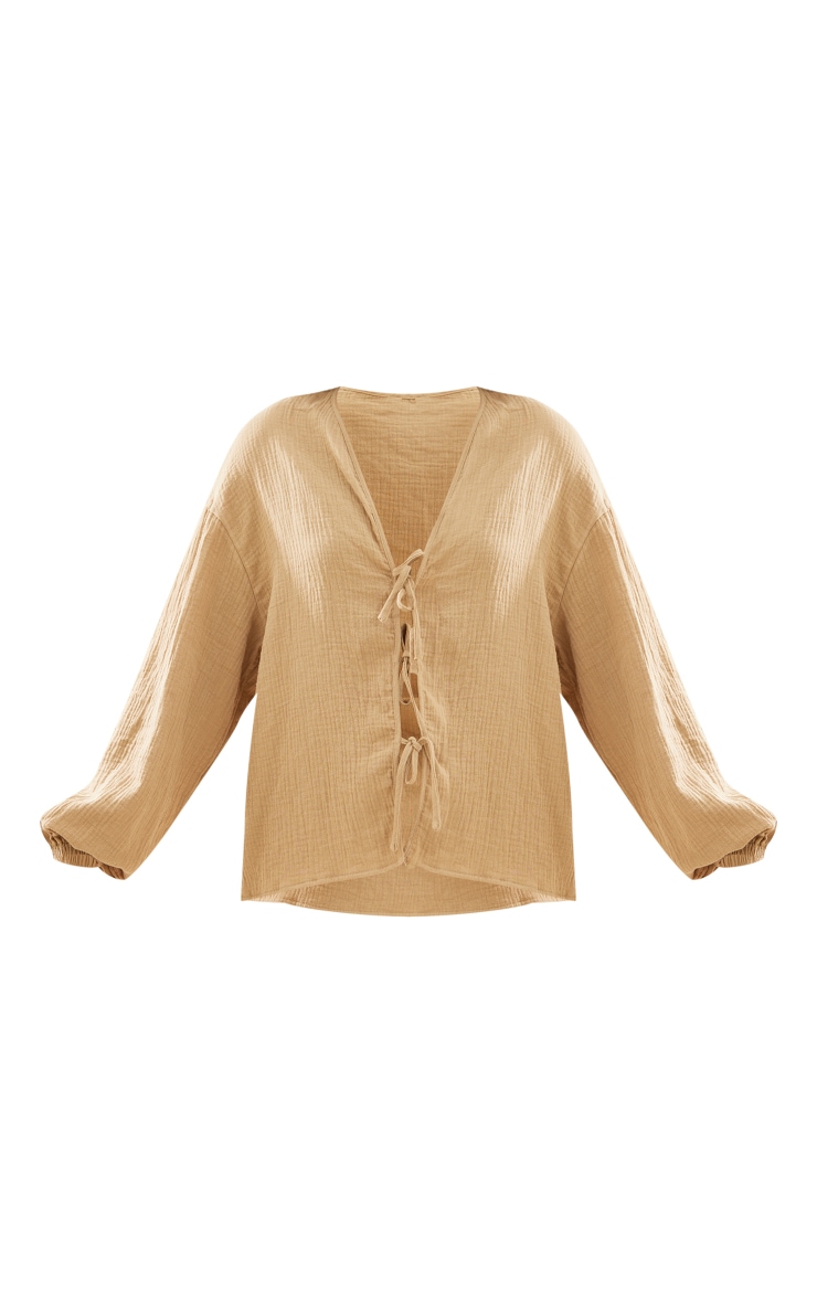 Sage Khaki Textured Cheesecloth Tie Front Shirt PrettyLittleThing USA