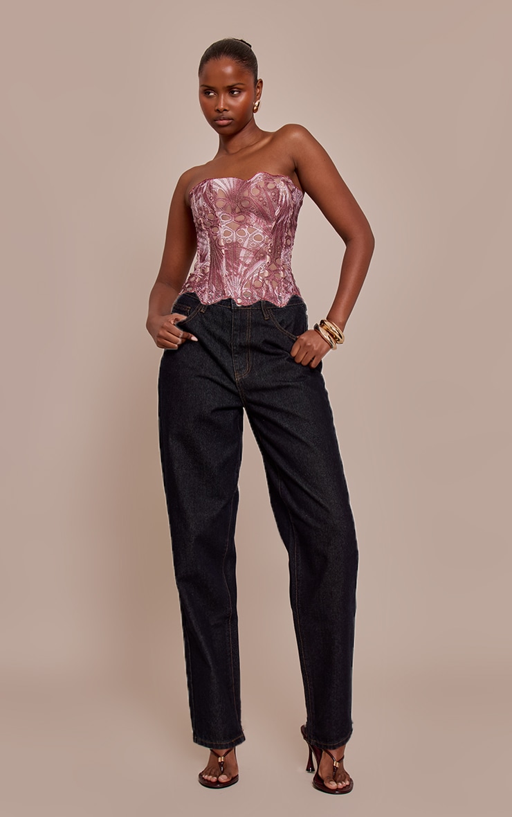 Brown Multi Print Textured Sheer Floral Lace Corset image 3