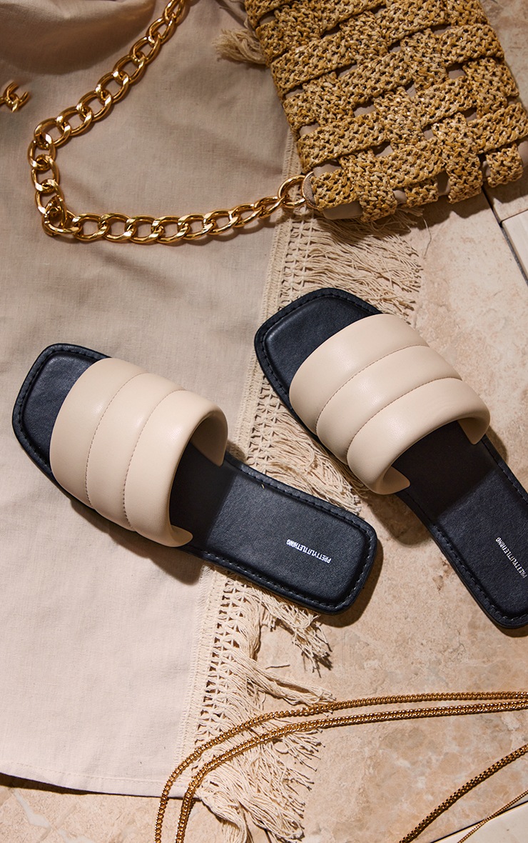 Cream Square PU Padded Strap Sliders image 3
