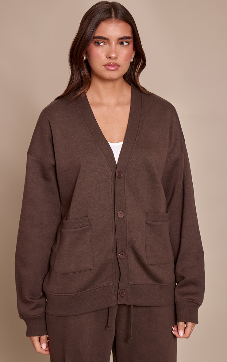 Chocolate Button Front Pocket Sweat Cardigan | Athleisure | PLT CA